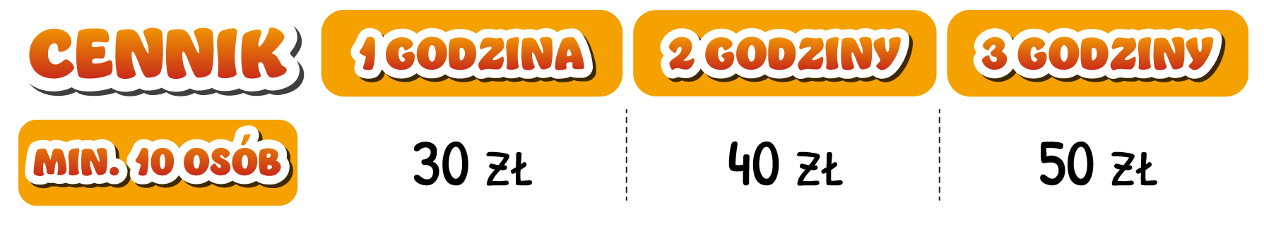 Cennik grupowy, 1 godzina - 30zł, 2 godziny - 40zł, 3 godziny - 50zł.
